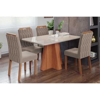 Imagem de Sala de Jantar Completa Maitê Tampo Madeirado c/ Vidro 130x80cm e 4 Cadeiras Paola Cinamomo/Off White - Carvalho/Linho Bege - Cimol