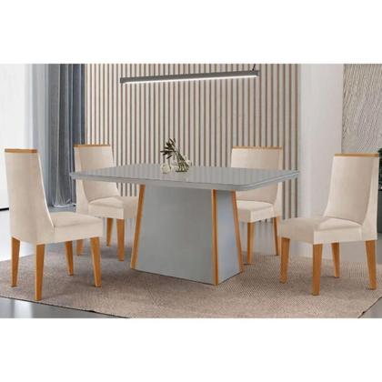 Imagem de Sala de Jantar Completa Tilia c/ Tampo Madeirado c/ Vidro Canto Curvo 120x80cm e 4 Cadeiras Dakota Naturale/Off White - Suede Creme - Rufato