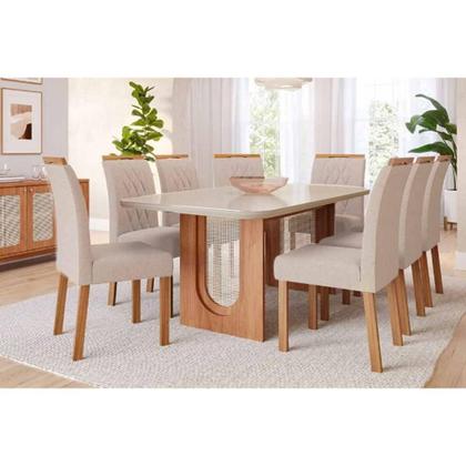 Imagem de Sala de Jantar Completa Valentina Tampo Madeirado c/ Vidro 210x100cm e 8 Cadeiras Juliana Cinamomo/Off White - Carvalho/Suede Nude Bege - Cimol