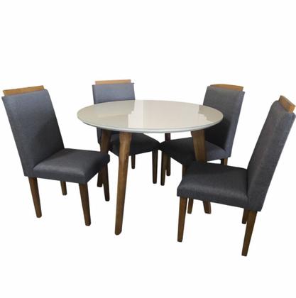 Imagem de Sala de Jantar RV Móveis Turmalina tampo redondo com vidro 108 cm pés de madeira maciça com 4 cadeiras Arezzo estofadas OFF White Cinza