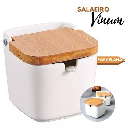 Imagem de Saleiro De Porcelana Branco Com Tampa De Bambu E Colher