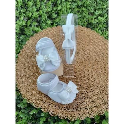Imagem de Sapatinho de bebê Com Tiara De Laço - Sapatilha Boneca Feminina Batizado