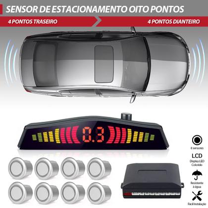 Imagem de Sensor Dianteiro e Traseiro Prata Fiat Brava 1999 2000 2001 2002 2003 Estacionamento Frontal Ré 8 Oito Pontos Aviso Sonoro Distância