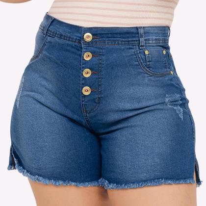 Imagem de Short Jeans Feminino Cintura Alta Lycra Shorts Plus Size Meia Coxa Barra Desfiado Bermuda Com Bolso
