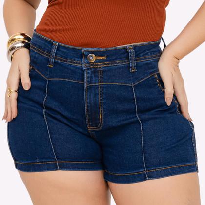 Imagem de Short Jeans Feminino Cintura Alta Lycra Shorts Plus Size Meia Coxa Barra Desfiado Bermuda Com Bolso