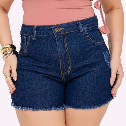 Imagem de Short Jeans Feminino Cintura Alta Lycra Shorts Plus Size Meia Coxa Barra Desfiado Bermuda Com Bolso