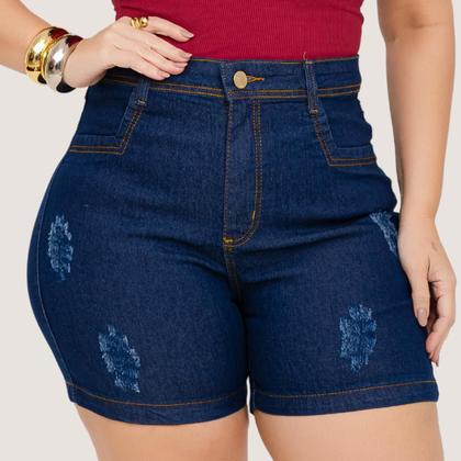 Imagem de Short Jeans Feminino Cintura Alta Lycra Shorts Plus Size Meia Coxa Barra Desfiado Bermuda Com Bolso