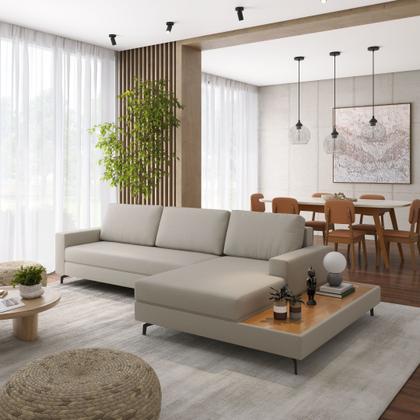 Imagem de Sofá 3 Lugares 3,22m com Chaise Direito e Mesa Apoio Lateral Living Fixo em Linho Loft