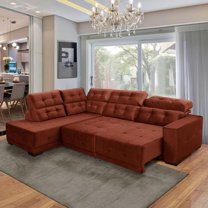 Imagem de Sofá Canto Chaise E Retrátil 285 Cm 6 Lugares Sttilo Reclinável Mola D26 Suede Cobre - SóSofá