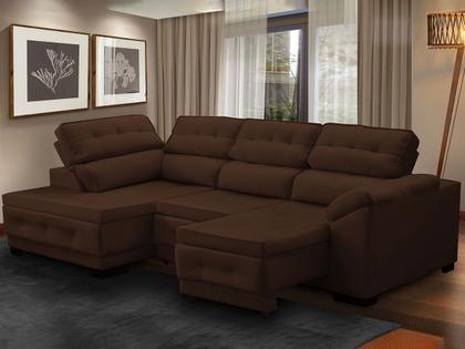 Imagem de Sofá Canto Chaise Luiza 5 Lug Retrátil Reclinável 250Cm Mola Bonnel Pillow Veludo Marrom - SóSofá