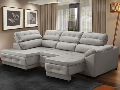 Imagem de Sofá Canto Chaise Luiza 5 Lugares Retrátil Reclinável 250Cm Mola Bonnel Pillow Suede Cinza - SóSofá