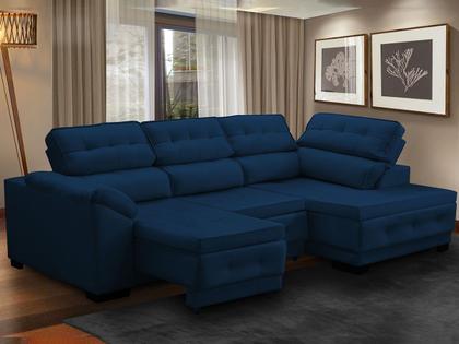 Imagem de Sofá Canto Chaise Luiza 5 Lugares Retrátil Reclinável 250Cm Mola Bonnel Pillow Veludo Azul - SóSofá