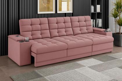 Imagem de Sofá Confort Premium 2,30m Assento Retrátil/Reclinável porta copos e USB Suede Nude - XFlex Sofas