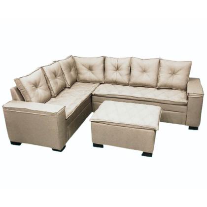 Imagem de Sofá de Canto Florença 6 Lugares com Puff e Almofadas Soltas Tecido Linho União Cor Bege