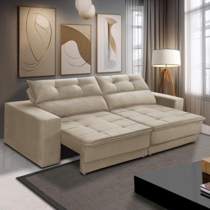 Imagem de Sofá Retrátil e Reclinável 3 lugares 2,10m com Molas Emily Suede Bege Adonai Estofados