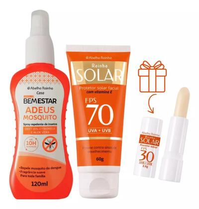 Imagem de Spray Repelente contra Mosquitos Bem Estar + Protetor Solar Facial 70 FPS + Protetor Labial FPS 30 Abelha Rainha