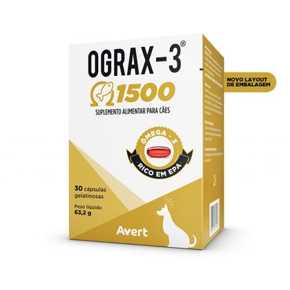 Imagem de Suplemento Para Cães Gatos Ograx3 1500mg Avert 30 Cápsulas