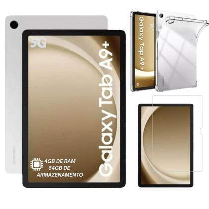 Imagem de Tablet Galaxy Tab A9 Plus Com Rede 5G 64GB 4GB Com Capa de Silicone e Pelicula Protetora Modelo X216 Prateado