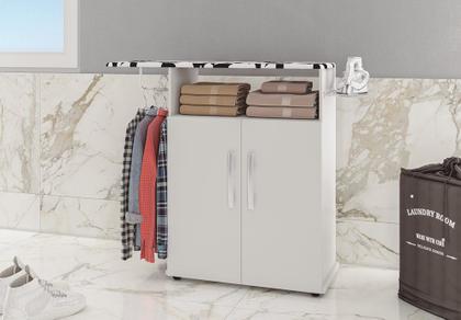 Imagem de Tábua de Passar Roupa com Armário 2 Portas Prateleira Suporte Para Ferro Cabideiro BRANCA