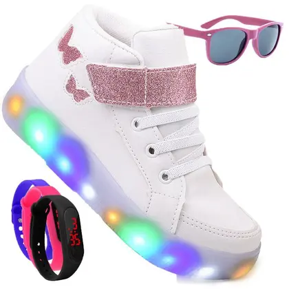 Imagem de Tenis Botinha Feminino De Led Borboleta Glitter + Oculos Relogio