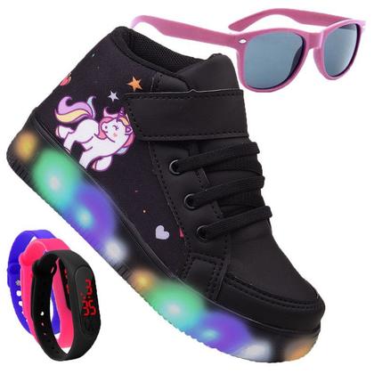 Imagem de Tenis Botinha Feminino De Led Com Calce Facil Infantil Unicornio  Luzinha  Oculos  Relogio