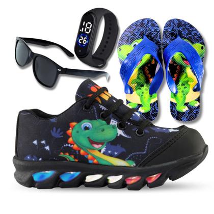 Imagem de tenis de led infantil masculino dinossauro com luzinha meninos mais chinelo com relogio e oculos