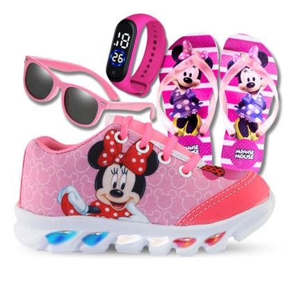 Imagem de Tênis De Led Infantil Menina Feminino Minnie + Chinelo + Relógio + Óculos