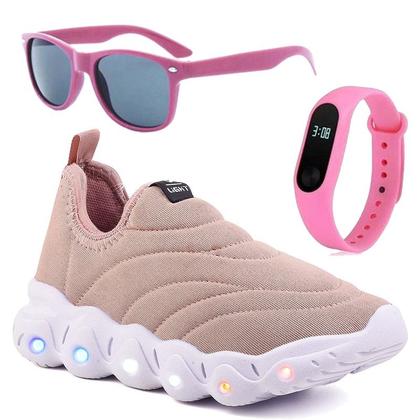 Imagem de Tenis Infantil De Led Calce Facil Elastico Meninas Feminino + Oculos Relogio