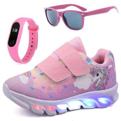 Imagem de Tenis Infantil De Led Unicornio Calce Facil Meninas LIGHT + Oculos Relogio