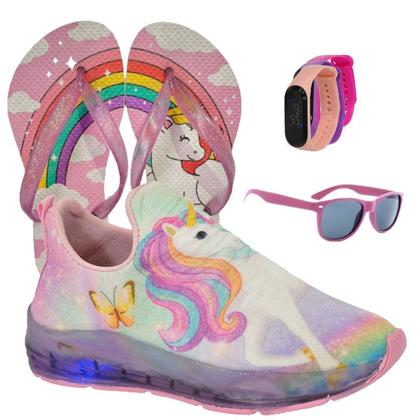 Imagem de Tênis Infantil Feminino Com Led Unicórnio Slip On Menina Novo +Chinelo+Óculos+Relógio