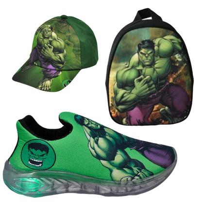 Imagem de Tênis Infantil Led Luzinha Slip On Personagem Super Heróis + Mochila + Boné