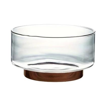 Imagem de Tigela de Vidro Grande com Base de Madeira - Ideal para Frutas, Saladas e Pipoca