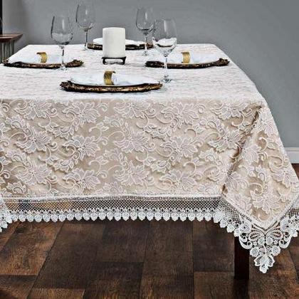 Imagem de Toalha De Mesa Retangular 165x355cm Shantung Bege Bordado Renda Guipir Nas Bordas Saldão