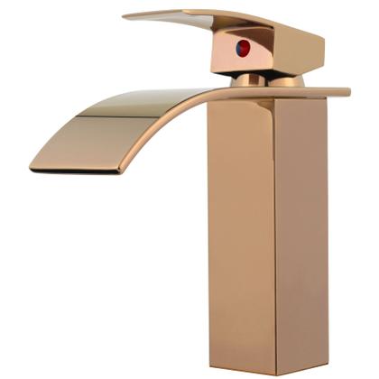 Imagem de Torneira Monocomando Cascata Rose Gold Luxo para Banheiro em Metal Misturador de Mesa com Design Moderno para Lavatório e Cuba