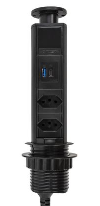 Imagem de Torre Tomada Embutir Totem 2 Tomada Elétrica 10A 2 USB Preto Preta Mesa Móvel Bancada