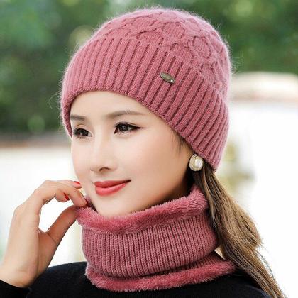Imagem de Touca De Inverno Feminino Com Cachecol, Gorro Forrado Com Pele De Coelho Grosso