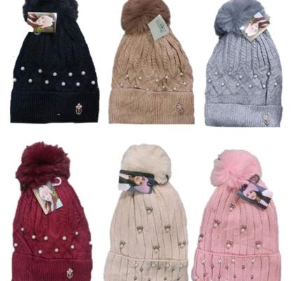 Imagem de Touca Feminina Com Pompom Gorro Forrado de Pelinho Chapéu de Lã Com Pérola