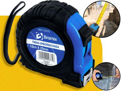 Imagem de Trena Métrica Emborrachada 10m x 25mm Bramix Profissional Resistente P/ Medição De Obras Construção De Longa Distância