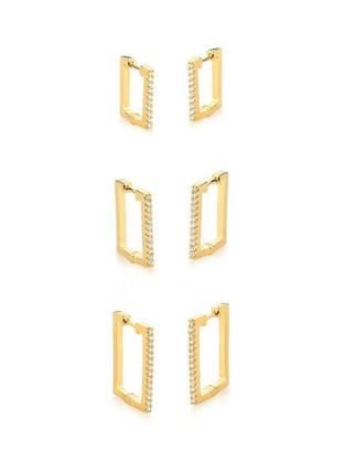 Imagem de TRIO DE ARGOLAS RETANGULARES COM CRAVAÇÃO FRONTAL BANHADO A OURO - Conjunto de Joias Elegantes