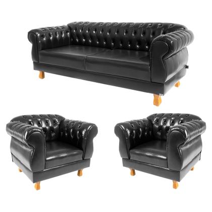 Imagem de Um Sofá 1,80cm + Duas Poltronas Chesterfield Elisabeth - Corano Preto