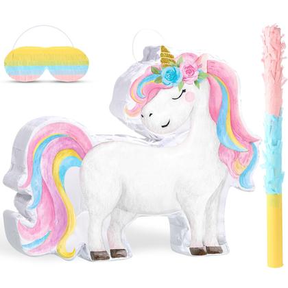 Imagem de Unicórnio pequeno Piñata Harrycle com bastão e olhos vendados para meninas