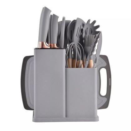 Imagem de Utensílios De Cozinha Silicone 19 Peças Com Tábua Kit Facas Cinza