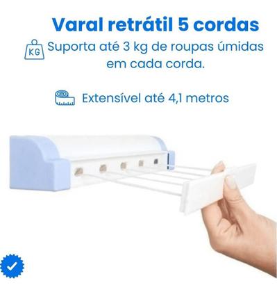 Imagem de Varal Inteligente Rotoflex Secalux Recolhível Parede Casa Lavanderia Quintal 5 Cordas 4,10M Resistente Para Secar Roupas