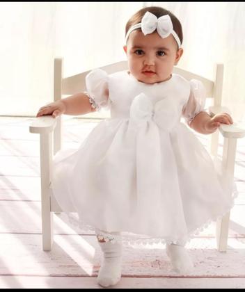 Imagem de Vestido de Bebê Batizado Branco Menina com Faixa de Cabelo 2 Peças Roupa de Bebê