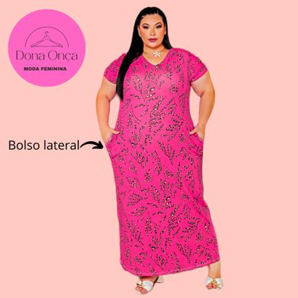 Imagem de Vestido Feminino Longo Plus Size De Manga Com Gola V em Viscolycra Estampas Variadas