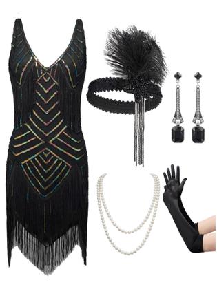 Imagem de Vestido Flapper SWEETV 1920s Great Gatsby com conjunto de acessórios