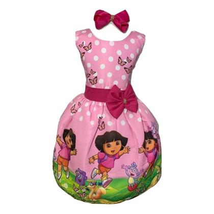 Imagem de Vestido Infantil Temático Dora Aventureira Festa Aniversário Fantasia