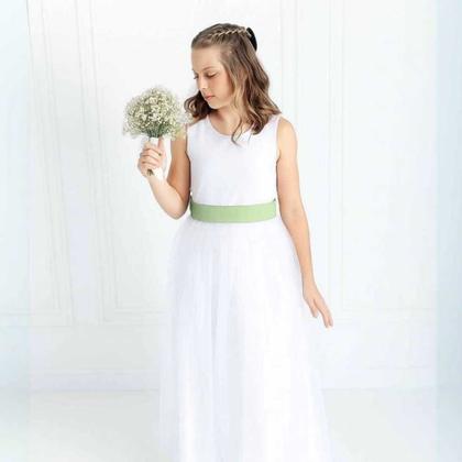 Imagem de Vestido Longo branco Faixa Lisa Verde Chá Infantil com Saia Tule Branco faixa REF4072