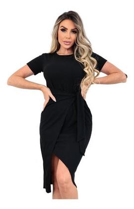 Imagem de Vestido Midi Canelado Confortável Casual Simples Liso Com Amarração