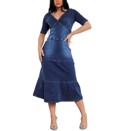 Imagem de Vestido Midi Jeans Feminino Com Lycra Moda Evangélica - 120682